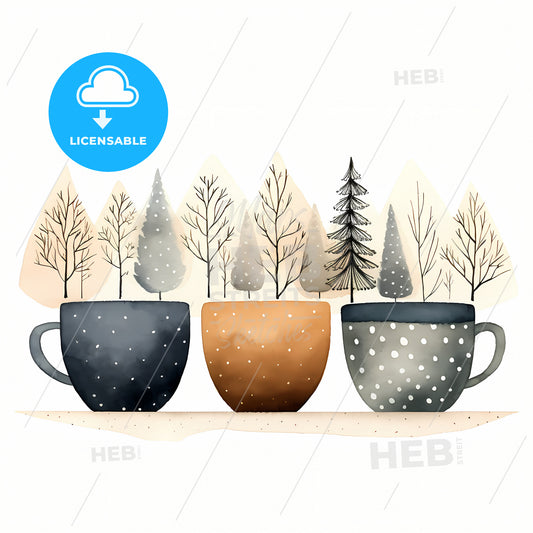 Beautiful Tea Cups, A Group Of Coffee Cups With Trees In Them