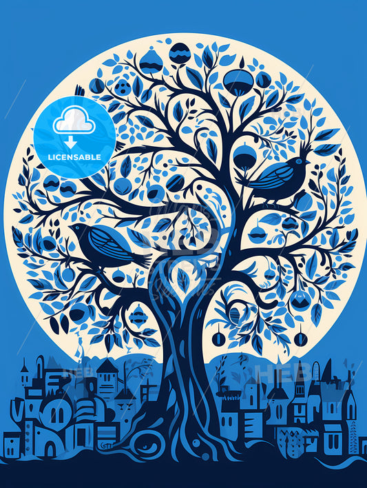 Electric Blue Israel, A Blue Tree With Birds On It