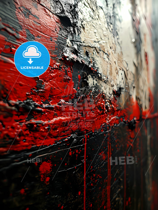 A Black Canvas With White And Red Stripes, Red Paint On A Wall