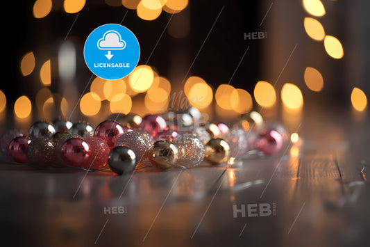 Elegant Silver Gold Pink Christmas Light Bokeh Background, A Group Of Shiny Balls On A Wood Floor