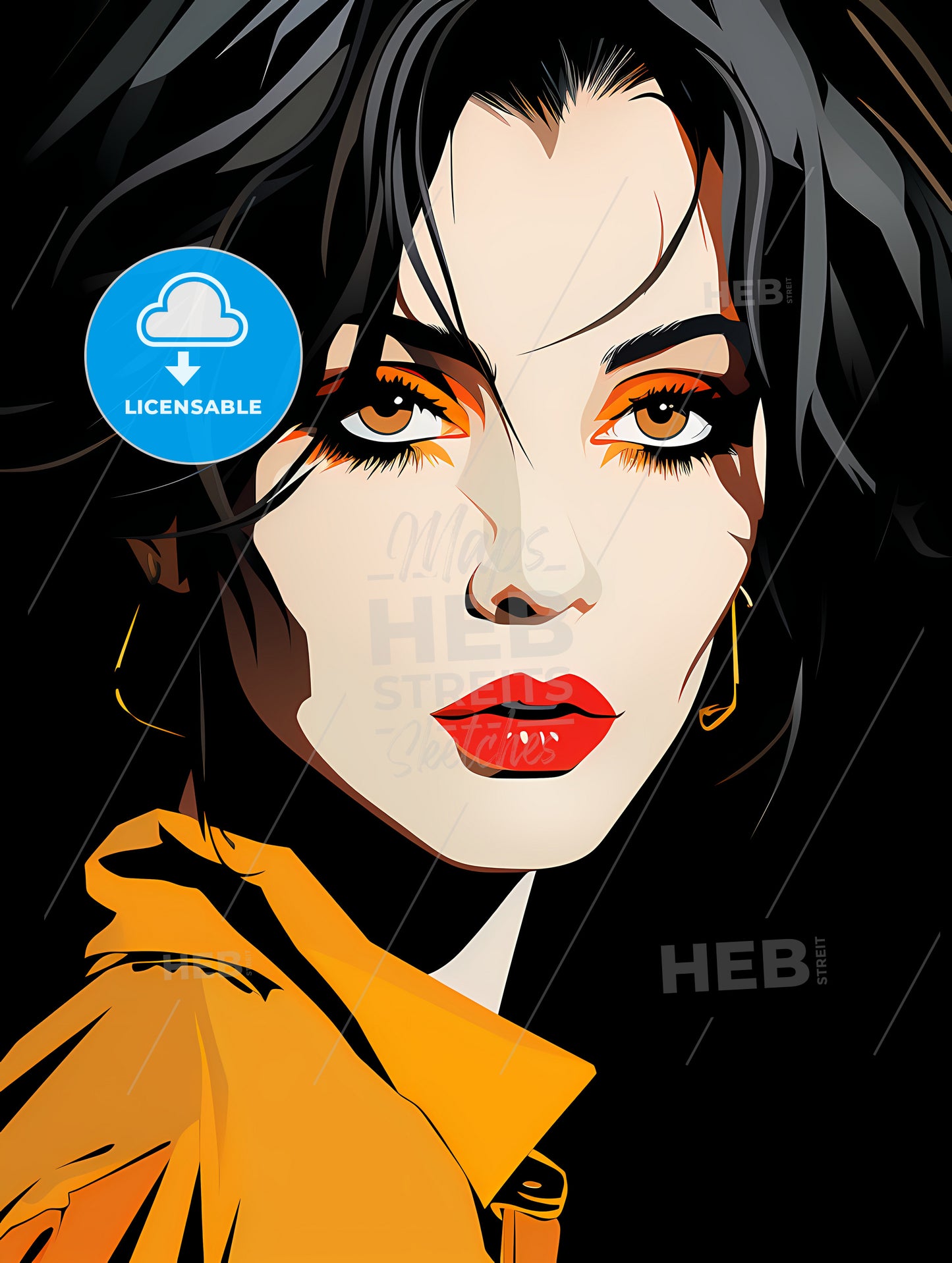 Illustration, A Woman With Black Hair And Orange Makeup