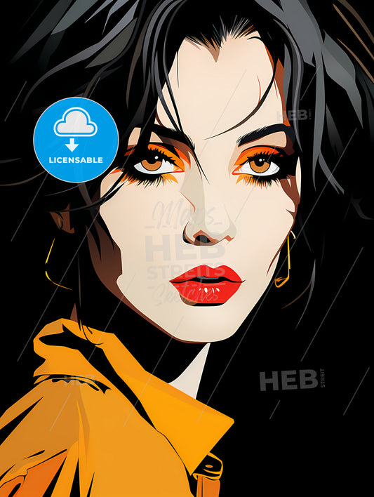 Illustration, A Woman With Black Hair And Orange Makeup