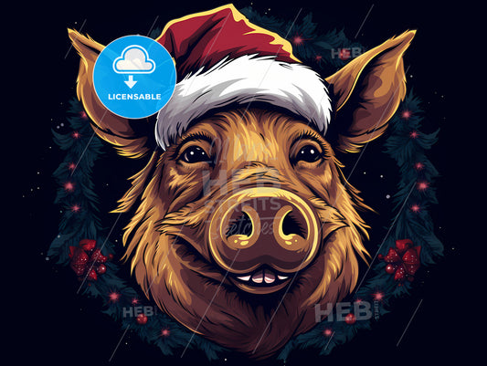 A Wild Boar With A Christmas Hat, A Pig Wearing A Santa Hat