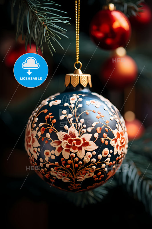 A Closeup Of A Christmas Bauble, A Blue And Orange Ornament From A Tree