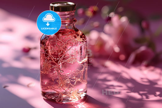 Rose Skin Care Water Bottle, A Bottle Of Liquid With Pink Liquid In It