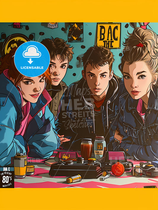 Back To The 80's - A Colorful Background, A Group Of People Sitting At A Table