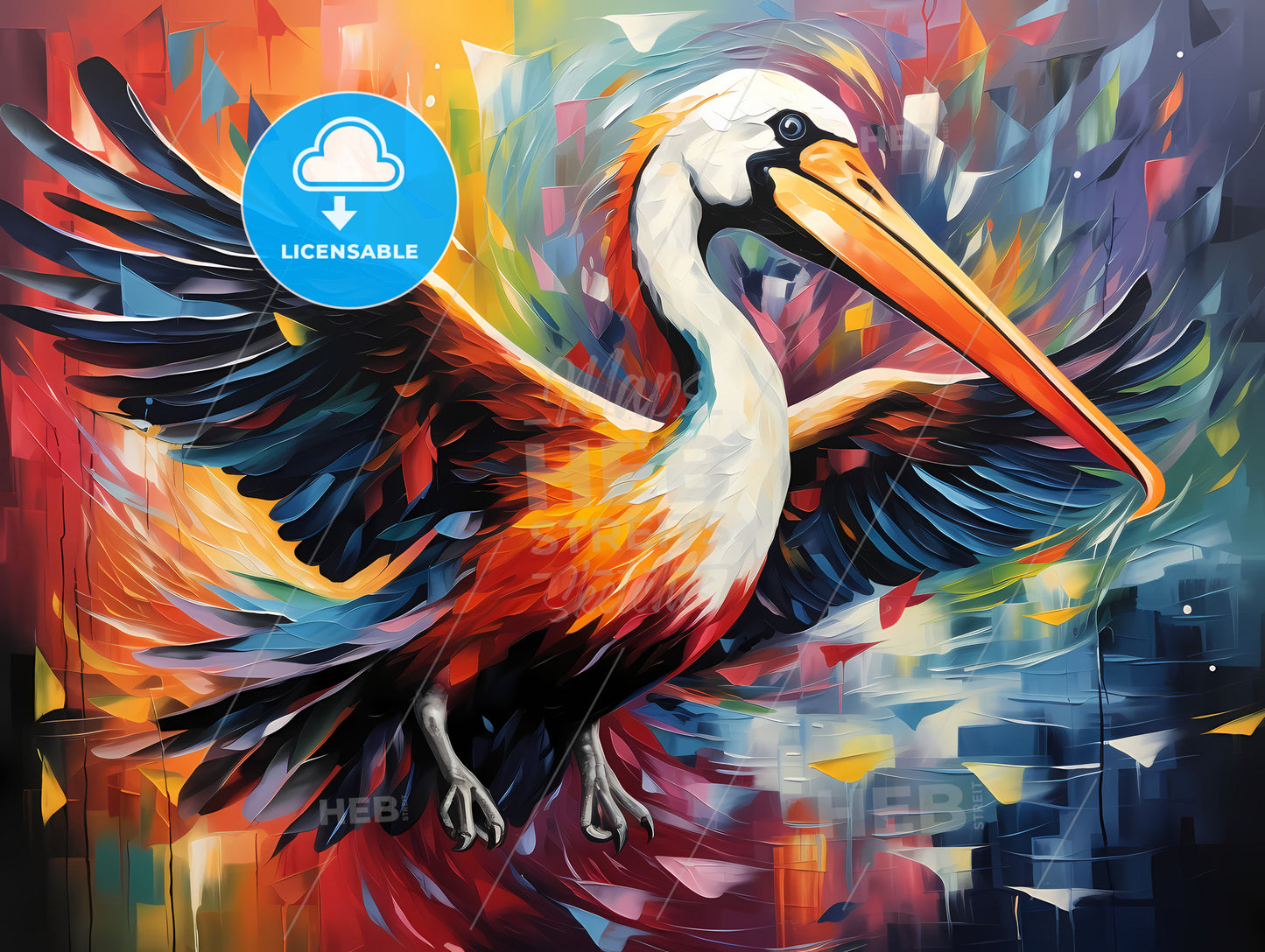 A Pelican Gracefully Glides Above The Calm Waters, A Painting Of A Bird