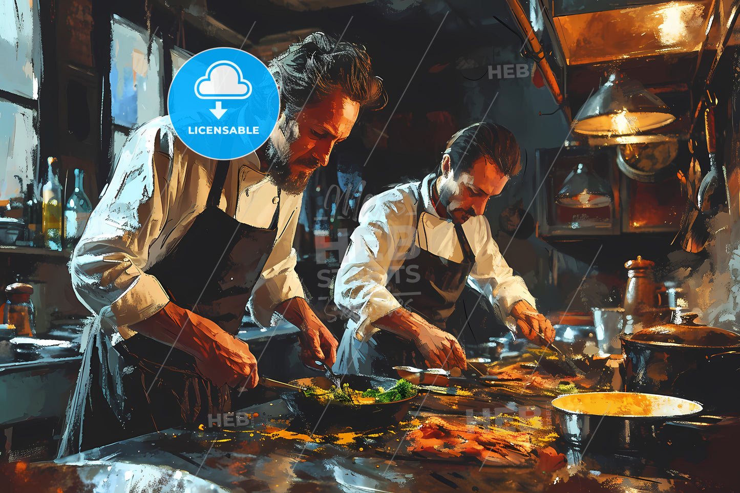 Extended Family Cooking Barbecue, Two Men Cooking In A Kitchen
