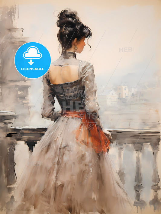 Rear View Of Woman With A Victorian Dress, A Woman In A Dress Looking Out Over A Balcony