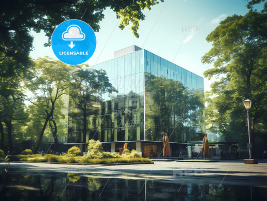 A Tall Building With A Mirrored Glass Exterior, A Building With Trees Around It