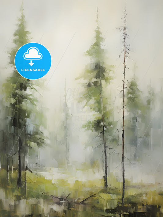A Painting Of Green Forest Trees, A Painting Of Trees In A Foggy Forest