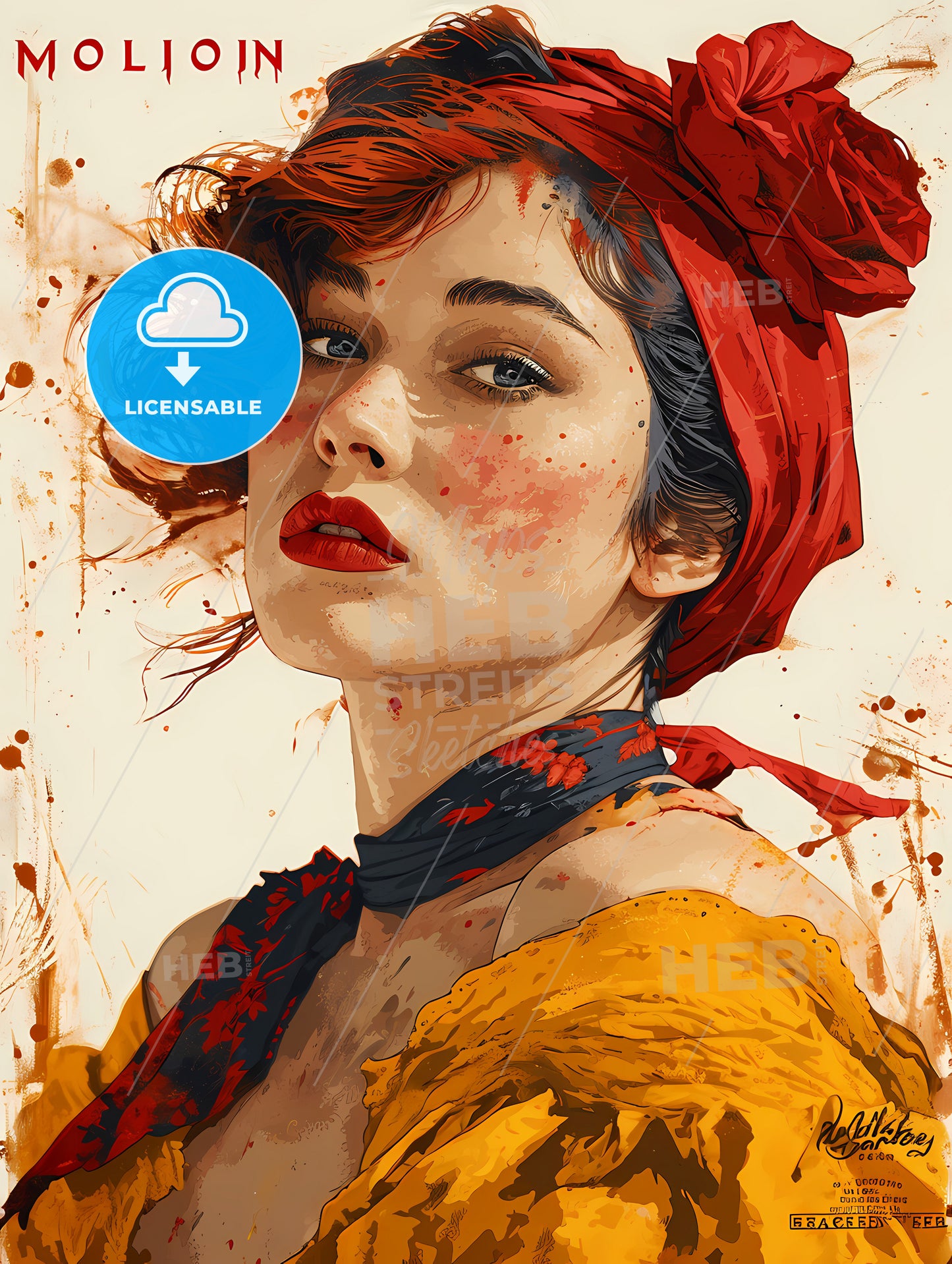 Moulon Rouge Advertisig From 1920S, A Woman With Red Hair And A Red Scarf