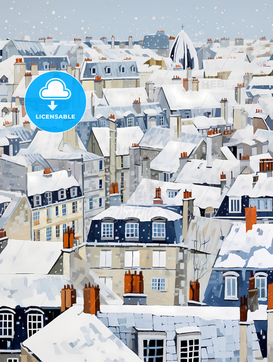 Snowy Urban Roofs Of Paris, A Snow Covered Rooftops Of A City