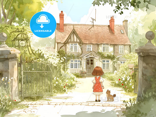 Sunny Background Soft And Gentle, A Cartoon Of A Girl And A Dog In Front Of A House