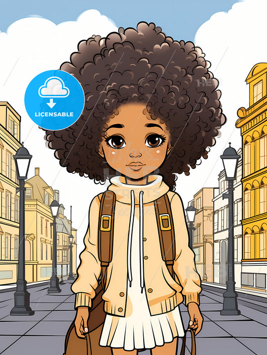 Cute Afro Girl, Cartoon Girl With Curly Hair And Backpack Walking Down A Street