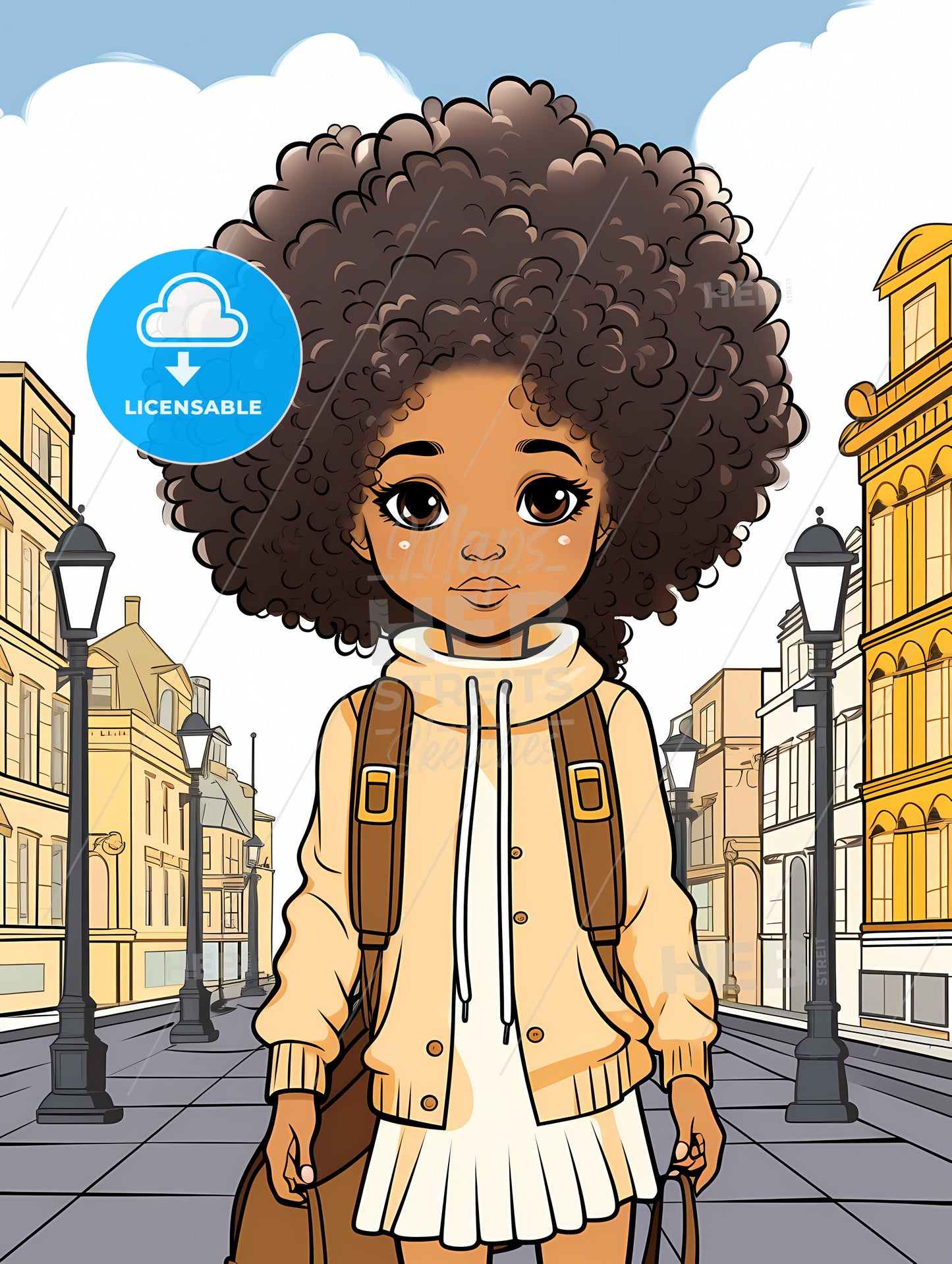 Cute Afro Girl, Cartoon Girl With Curly Hair And Backpack Walking Down A Street