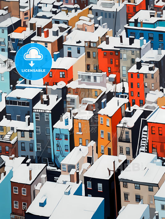 Snowy Urban Roofs Of New York City, A Group Of Buildings Covered In Snow
