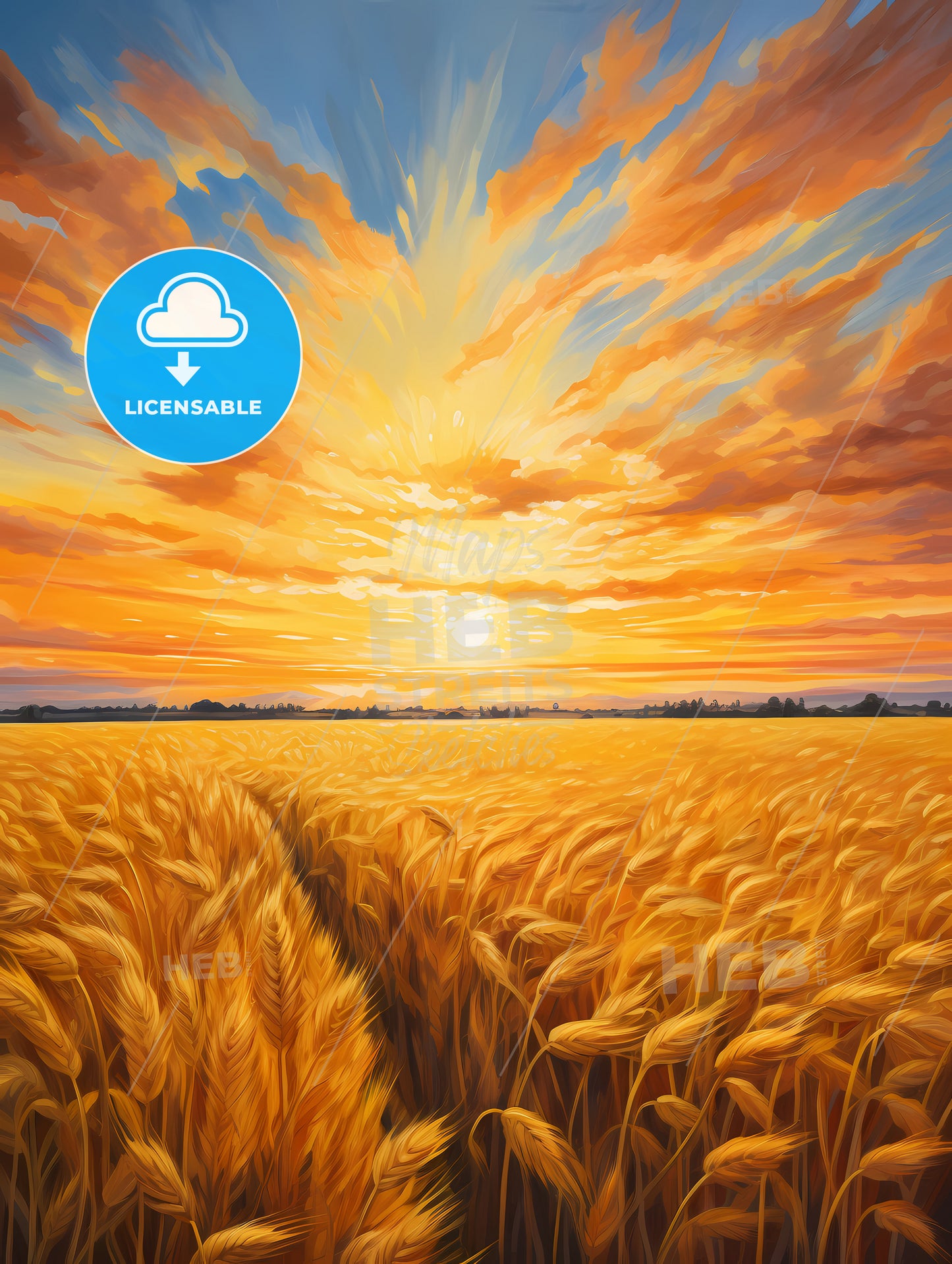 An Impressionist Oil Painting, A Field Of Wheat With A Sunset In The Background