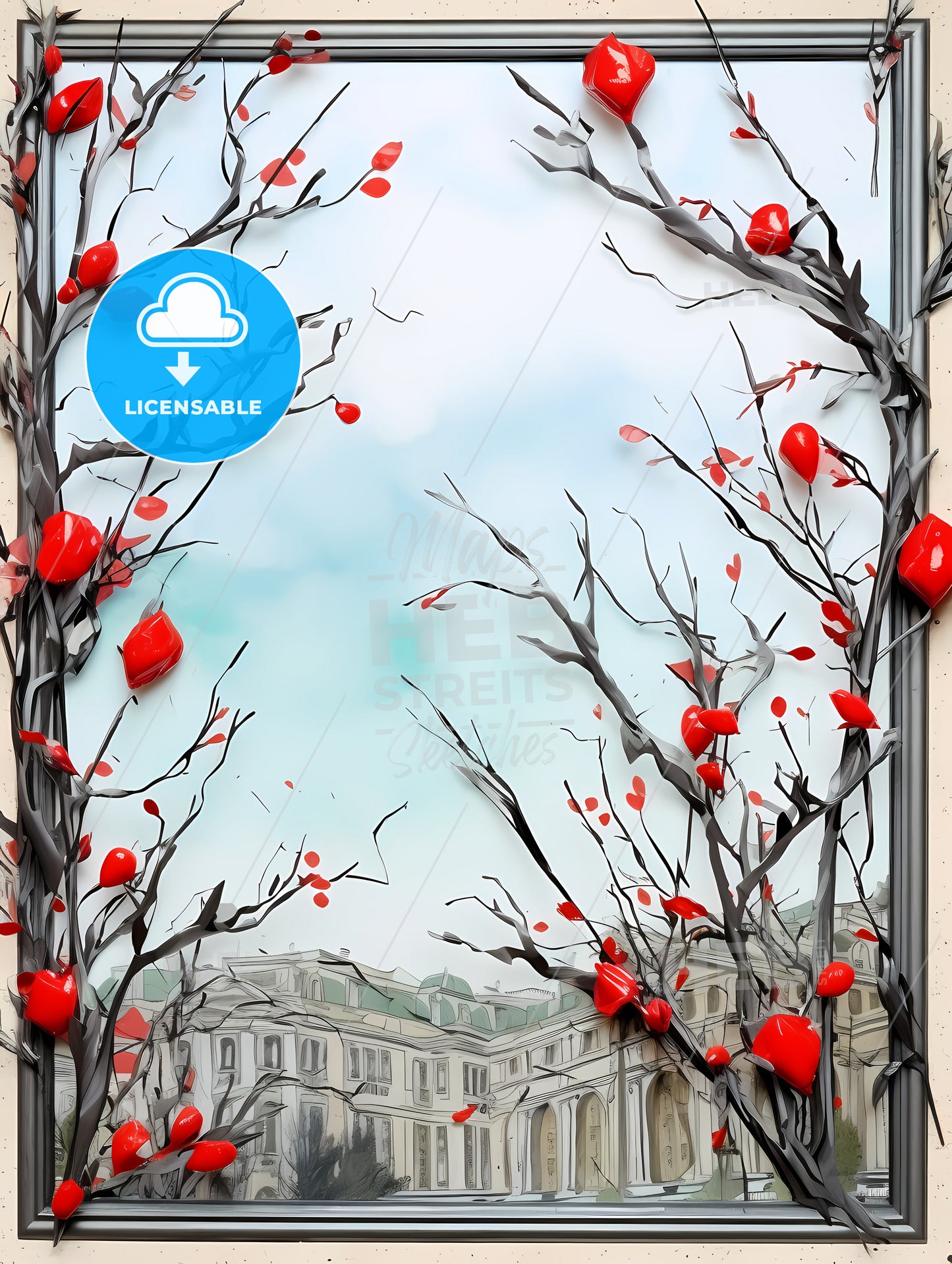 Holiday Frame Made From Christmas Tree, A Tree Branches With Red Berries And Leaves
