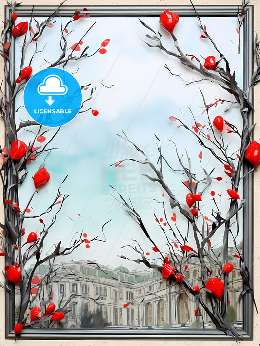 Holiday Frame Made From Christmas Tree, A Tree Branches With Red Berries And Leaves