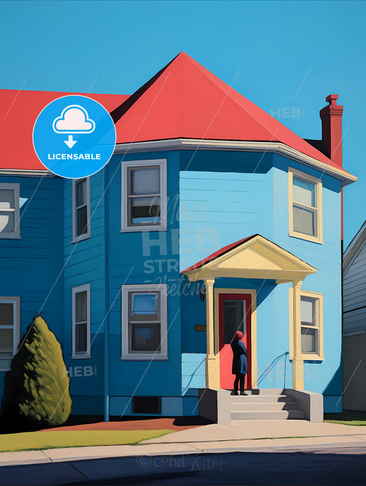 Nursing Home Saturated Color, A Person Standing In Front Of A Blue House