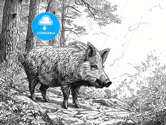 Wild Boar, A Black And White Drawing Of A Wild Boar