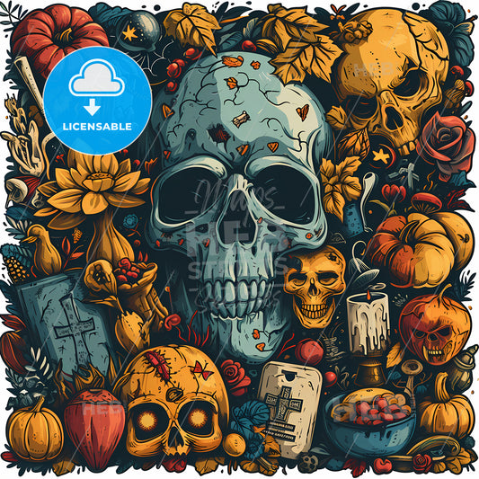 Set Of Vibrant And Expressive Stickers, A Skull Surrounded By Different Objects