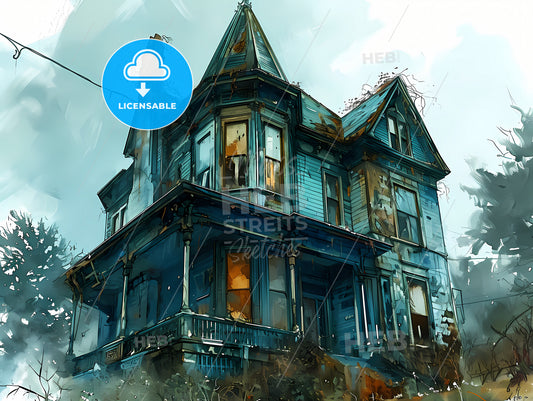 An Image Of A House With Its Lettering On It, A Blue House With A Steeple