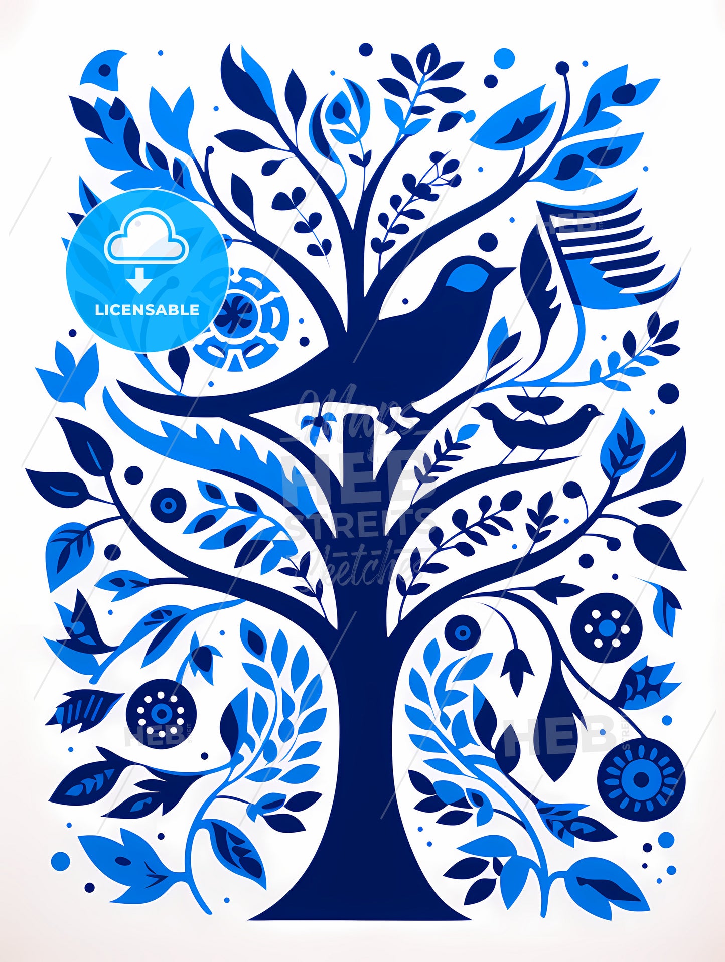 Silkscreened Stencil, A Blue And White Tree With Birds And Flowers