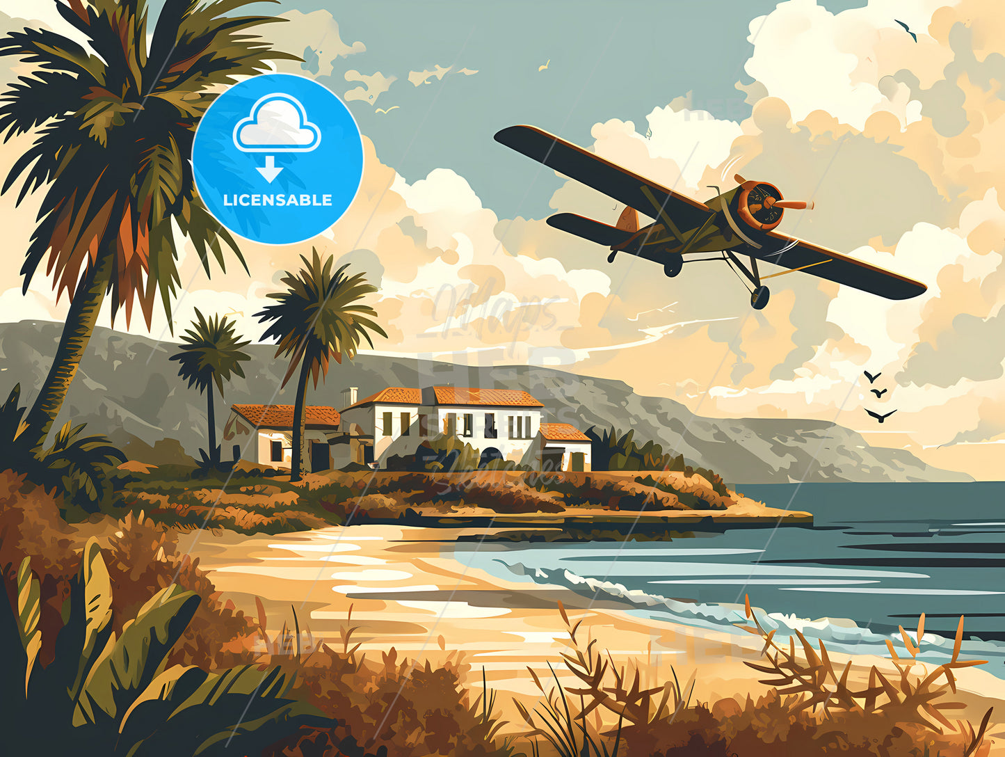 Vector Flat Travel Background, An Airplane Flying Over A Beach