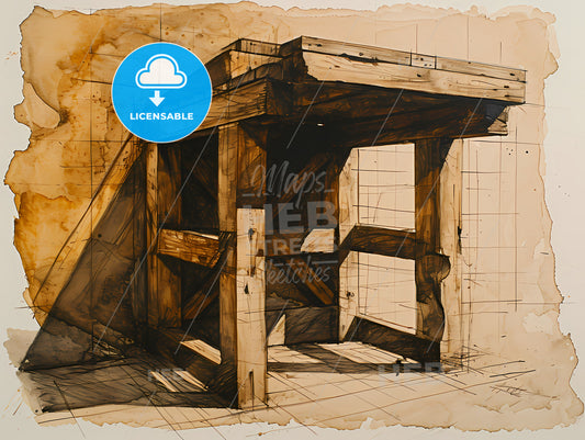 Furniture - Perspective View Design, A Drawing Of A Wooden Structure