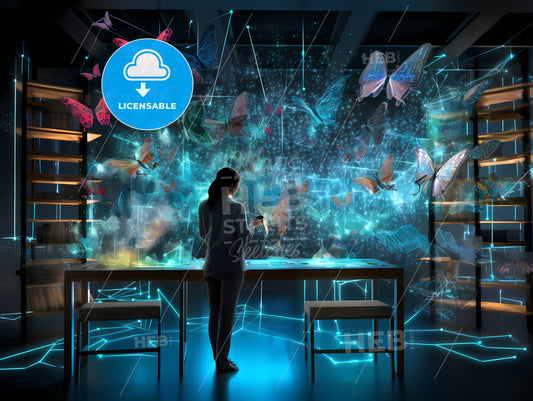 Data Scientists Are In The Laboratory, A Woman Standing In Front Of A Table With Butterflies