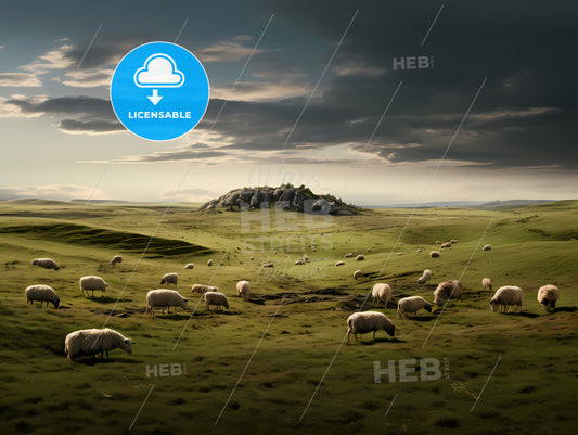 In A Vast Grassland, A Group Of Sheep Grazing In A Field