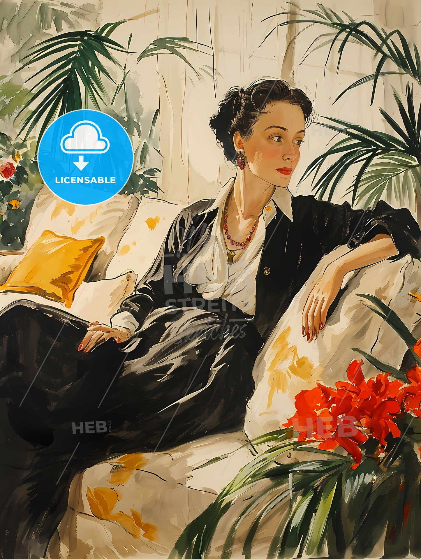 Drawing Of A Woman Lounging On Chaise, A Woman Sitting On A Couch