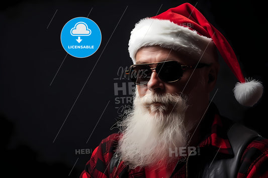 Portrait Of A Stylish Punk Santa, A Man With A White Beard And A Santa Hat