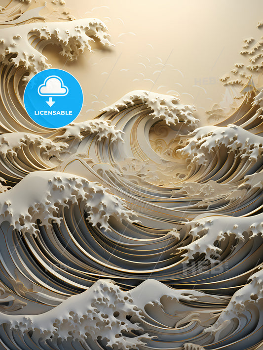 Gold And Silver Paper Sculpture, A Large Waves In A Sea