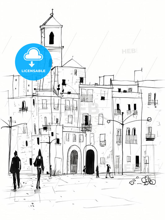 Trapani Tp City Center And Some People, A Drawing Of A Building With People Walking In Front Of It