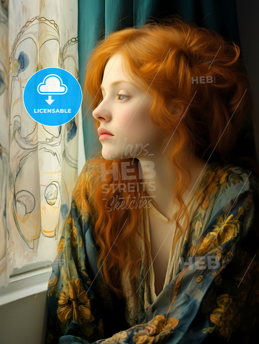 Woman With Red Hair Sitting, A Woman Looking Out A Window