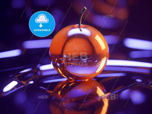 A Purple Orange, A Shiny Orange Apple On A Reflective Surface