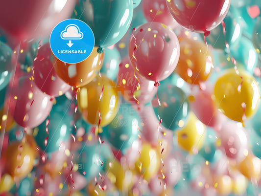 Colorful Birthday Party Balloons, A Group Of Balloons With Confetti