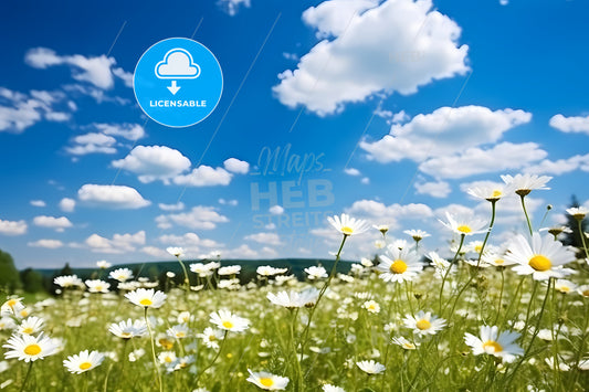 Field Of Spring Daisies And Blue Sky, A Field Of White Flowers