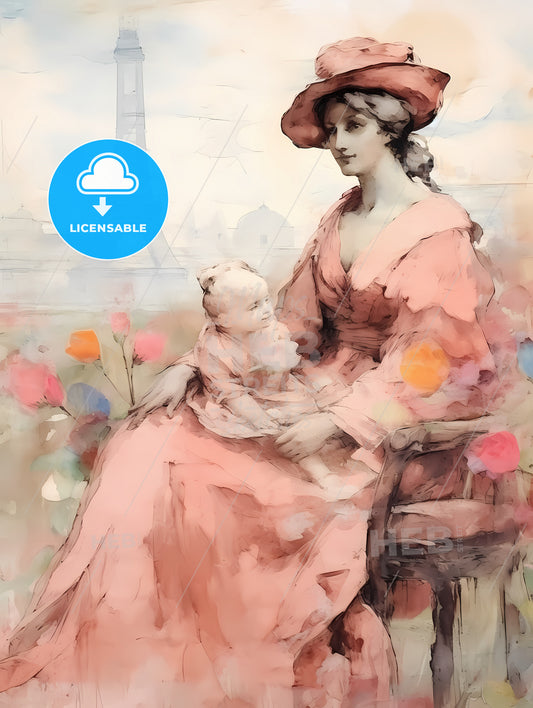Mothers Day Background, A Woman In A Pink Dress Holding A Baby