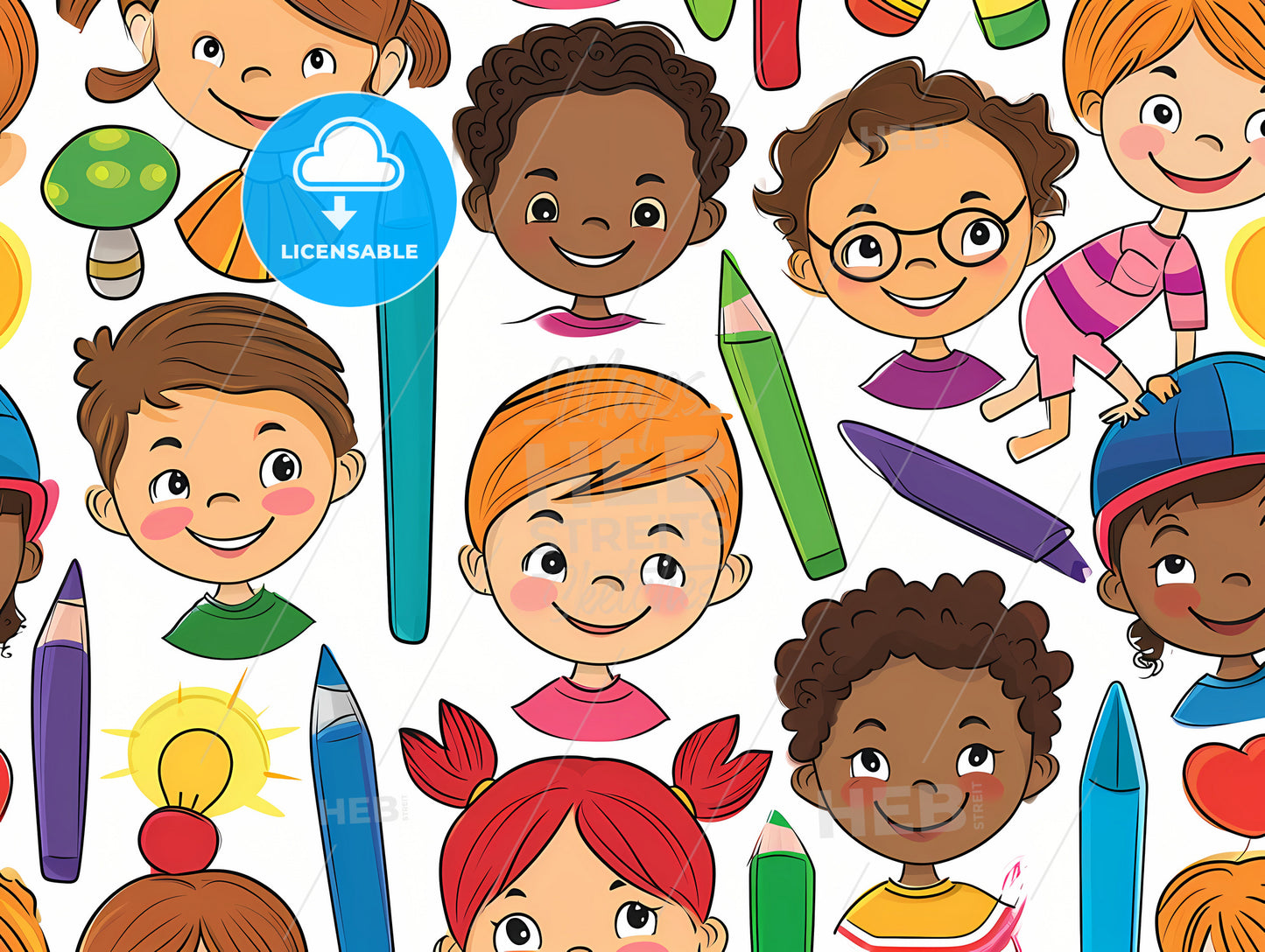 Simple And Relaxing Full Of Childrens Fun, A Seamless Pattern Of Children's Faces And Colored Pencils