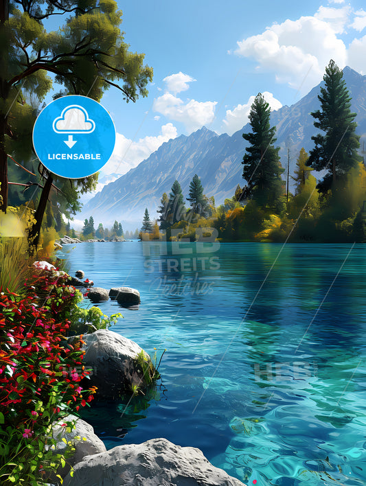 Colorado Springs Art Sketch With Clear Blue Background, A Lake Surrounded By Trees And Mountains