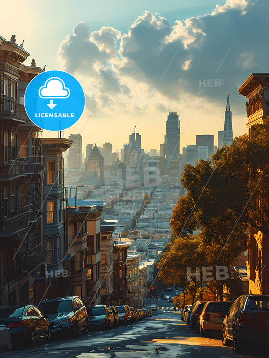 San Franciso Skyline, A City With Cars Parked On A Street