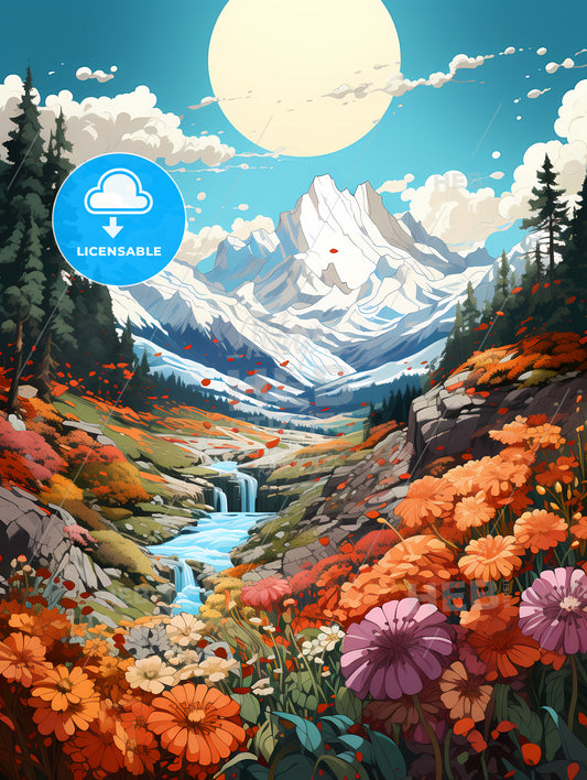 Rocky Mountains Natinal Park, A Mountain Landscape With Flowers And A River