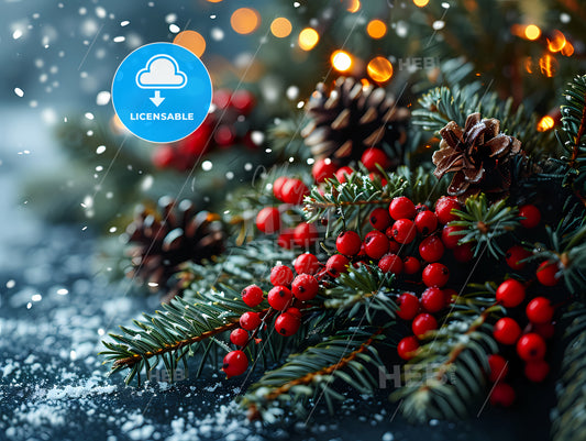 Merry Christmas Greeting Card Template, A Close Up Of A Branch With Berries And Pine Cones