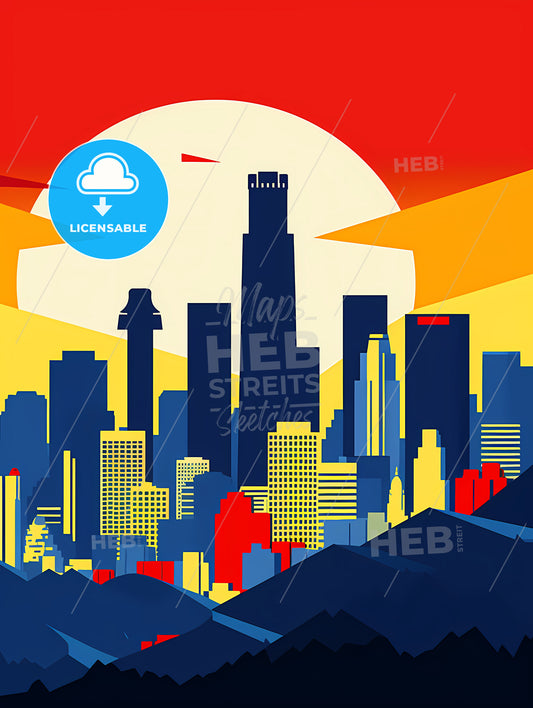 Minimalist Los Angeles Skyline, A City Skyline With A Sun Behind It