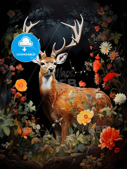 The Deer Is Standing By A Tree, A Deer In A Forest With Flowers