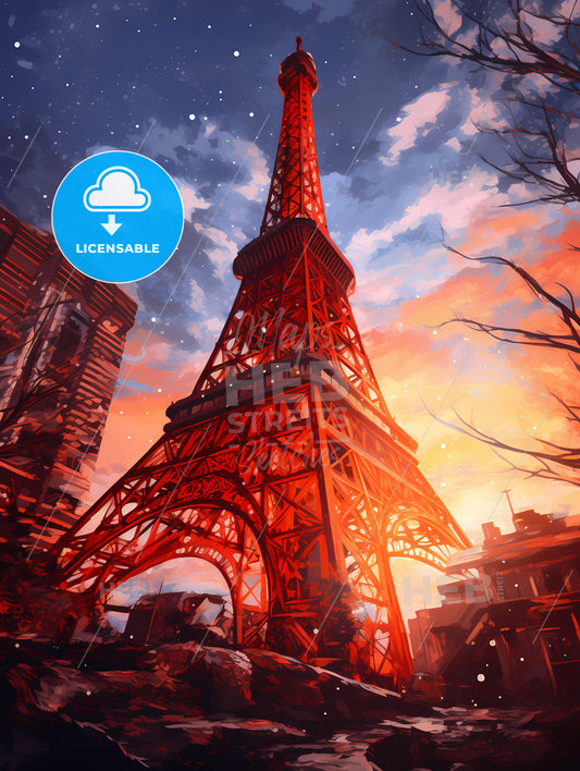 A Painting Of The Tokyo Tower, A Red Tower With Buildings In The Background With Tokyo Tower In The Background